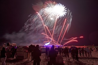 Baltic Sea in flames at Grömitz pier, fireworks, highlight of the season, end of the season, beach,