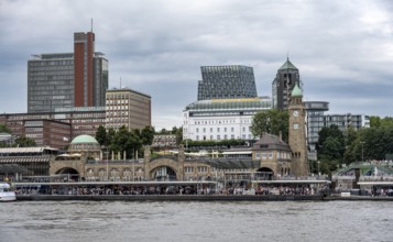 Elbe and St. Pauli Landungsbrücken, historic building with level tower, St. Pauli district with