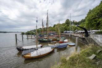 Historic sailboats in the museum harbor Övelgönne, Altona, Hamburg, Germany