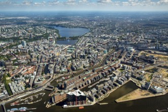 Elbphilharmonie with Hafencity, Speicherstadt, UNESCO World Heritage Site, Hamburg harbour, Elbe,