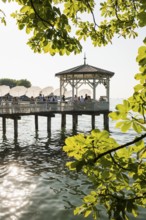 Lake pavilion with bar on the promenade, sunset, Bregenz, Lake Constance, Vorarlberg, Austria