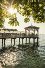 Lake pavilion with bar on the promenade, sunset, Bregenz, Lake Constance, Vorarlberg, Austria