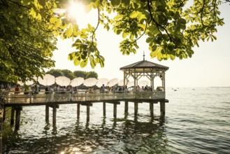 Lake pavilion with bar on the promenade, sunset, Bregenz, Lake Constance, Vorarlberg, Austria