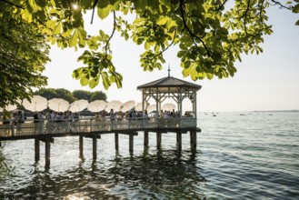 Lake pavilion with bar on the promenade, sunset, Bregenz, Lake Constance, Vorarlberg, Austria