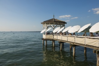 Lake pavilion with bar on the promenade, sunset, Bregenz, Lake Constance, Vorarlberg, Austria