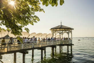 Lake pavilion with bar on the promenade, sunset, Bregenz, Lake Constance, Vorarlberg, Austria