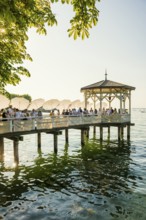 Lake pavilion with bar on the promenade, sunset, Bregenz, Lake Constance, Vorarlberg, Austria
