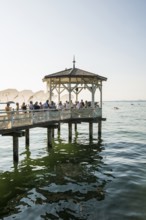 Lake pavilion with bar on the promenade, sunset, Bregenz, Lake Constance, Vorarlberg, Austria