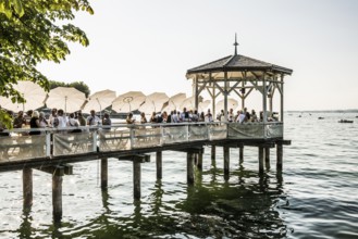 Lake pavilion with bar on the promenade, sunset, Bregenz, Lake Constance, Vorarlberg, Austria