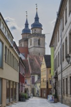 Alley in the old town, church towers, Holy Trinity, city church, Bayreuth, Upper Franconia,