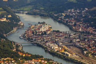 Confluence of the three rivers Danube, Inn and Ilz, Passau, independent university town in the