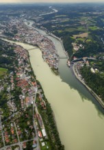 Confluence of the three rivers Danube, Inn and Ilz, Passau, independent university town in the