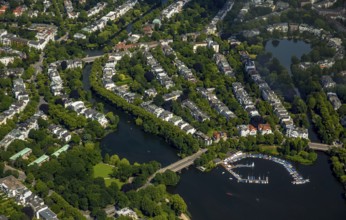 Outer Alster with villa quarter and marina distant view, Alster jetty Bobby Reich, Hamburg, Free