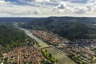 Overview of Heidelberg, Heiliggeistkirche in Heidelberg Old Town with Old Bridge and Tor tor of the
