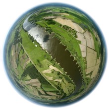 Elbe valley, fields, groynes, river course, fisheye lens, round picture, Hitzacker (Elbe), district