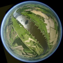 Elbe valley, fields, groynes, river course, fisheye lens, round picture, Hitzacker (Elbe), district