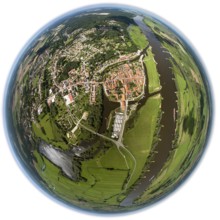 Old town, Elbe, Jeetzel, fisheye lens, round picture, Hitzacker (Elbe), district Lüchow-Dannenberg,