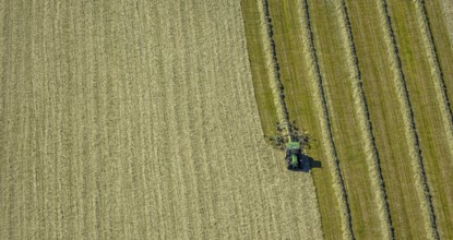 Aerial view, agricultural area, tractor mowing meadow, Gennebreck, Sprockhövel, Ruhr area, North