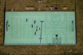 Aerial view, football pitch at IG Metall training centre, Sprockhövel, Ruhr area, North