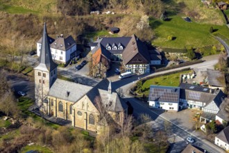 Aerial view, Catholic parish church St.. Laurentius, heritage-protected church building, Enkhausen,