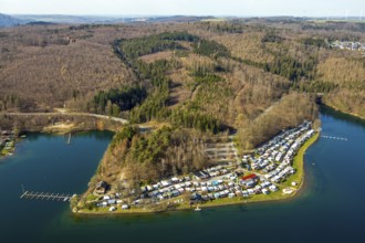 Aerial view, campsite family camping, sailing club Sorpesee-Iserlohn, boat rental, Mosaik outdoor