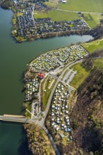 Aerial view, campsite at the dam, Sorpesee dam, Amecke, Sundern, Sauerland, North Rhine-Westphalia,