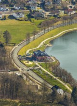Aerial view, new building Airstop Strandcafé gastronomy café/restaurant/bistro/bar operation,