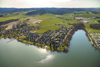 Aerial view, settlement An der Hespe, shore reservoir Sorpesee, Amecke, Sundern, Sauerland, North