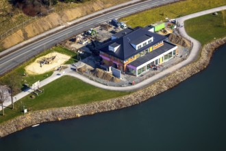 Aerial view, new building Airstop Strandcafé gastronomy café/restaurant/bistro/bar operation,