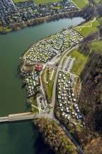 Aerial view, campsite at the dam, Sorpesee dam, Amecke, Sundern, Sauerland, North Rhine-Westphalia,
