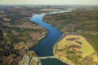 Aerial view, overview Sorpesee dam, Sundern, Sauerland, North Rhine-Westphalia, Germany, DE,