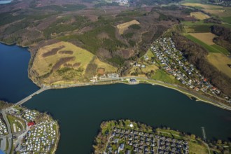 Aerial view, Camping site Am Damm, Sorpesee dam, Amecke, Sundern, Sauerland, North