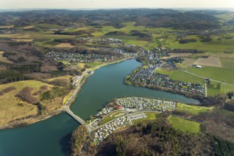 Aerial view, overview Amecke, view over the Sorpe dam Sorpesee, Amecke, Sundern, Sauerland, North