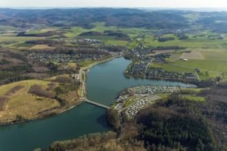 Aerial view, overview Amecke, view over the Sorpe dam Sorpesee, Amecke, Sundern, Sauerland, North