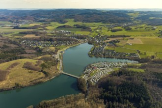 Aerial view, overview Amecke, view over the Sorpe dam Sorpesee, Amecke, Sundern, Sauerland, North