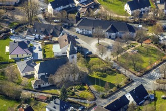 Aerial view, church building, shooting hall St. Hubertus Amecke, Amecke, Sundern, Sauerland, North