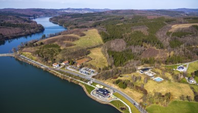 Aerial view, new building Airstop Strandcafé gastronomy café/restaurant/bistro/bar, old,