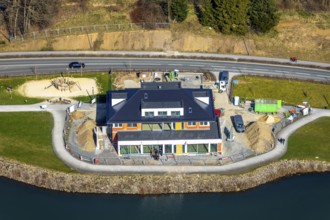 Aerial view, new building Airstop Strandcafé gastronomy café/restaurant/bistro/bar operation,