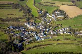 Aerial view, overview Enkhausen, Catholic parish church St.. Laurentius, heritage-protected church