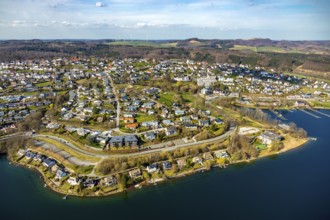 Aerial view, overview Langscheid, Sorpesee, Sorpe shore, Langscheid, Sundern, Sauerland, North