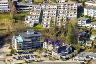 Aerial view, Hotel and Restaurant Seegarten, terrace flats with lake view, Zum Sorpedamm,