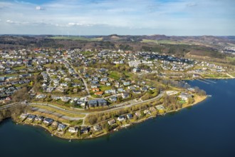 Aerial view, overview Langscheid, Sorpesee, Sorpe shore, Langscheid, Sundern, Sauerland, North
