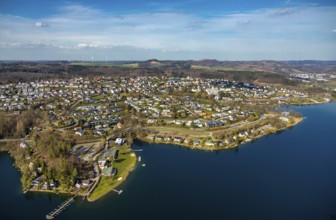 Aerial view, overview Langscheid, Sorpesee, Sorpe shore, Langscheid, Sundern, Sauerland, North