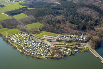 Aerial view, campsite at the dam, Sorpesee dam, Amecke, Sundern, Sauerland, North Rhine-Westphalia,