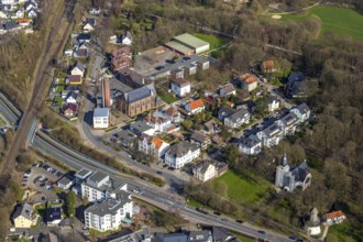 Aerial view, Catholic Church of the Sacred Heart of Jesus, school at Friedrichsborn,