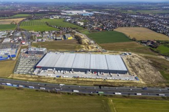 Aerial view, new construction Woolworth headquarters and logistics centre, commercial area Unna