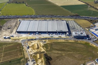 Aerial view, new construction Woolworth headquarters and logistics centre, commercial area Unna