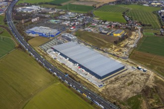 Aerial view, new Woolworth headquarters and logistics centre, commercial area Unna Kamen, Ikea,
