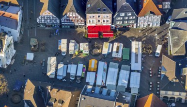 Aerial view, market day in the city centre of Unna, market on the old market, market place, Unna,