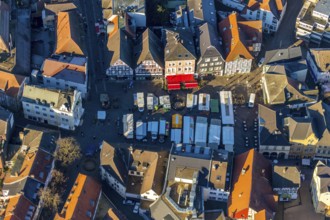 Aerial view, market day in the city centre of Unna, market on the old market, market place, Unna,